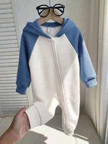 SHEIN Baby Boy Colorblock Knit Soft Hooded Raglan Long Sleeve Jumpsuit Fall/Winter Clothes Back To School Clothes - Multicolor - View 5