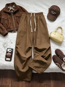 Comfortcana Plus Size Women's Drawstring Waist Plaid Wide Leg Loose Casual Long Pants - Brown - View 3