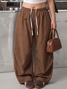 Comfortcana Plus Size Women's Drawstring Waist Plaid Wide Leg Loose Casual Long Pants - Brown - View 2
