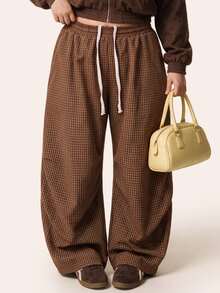 Comfortcana Plus Size Women's Drawstring Waist Plaid Wide Leg Loose Casual Long Pants - Brown - View 1
