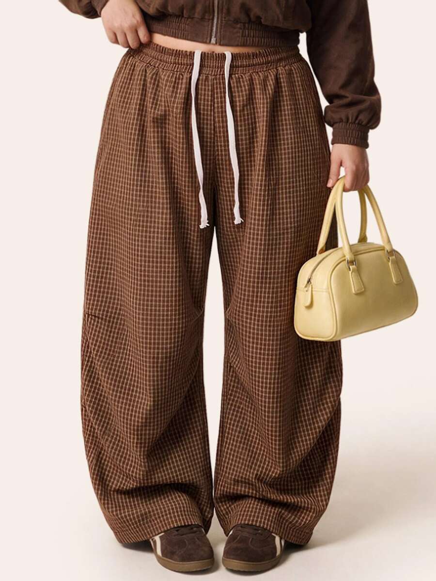 Comfortcana Plus Size Women's Drawstring Waist Plaid Wide Leg Loose Casual Long Pants - Brown - View 1