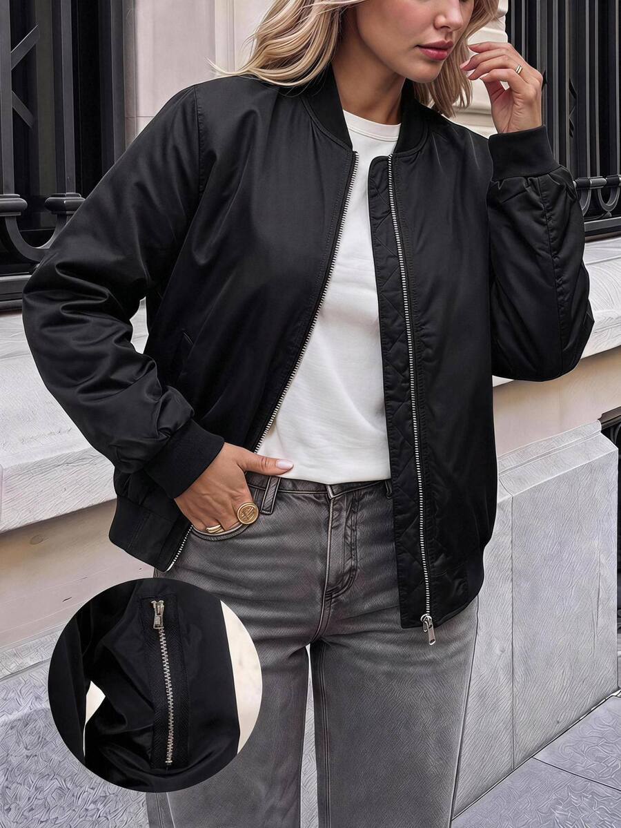 Easowa Curve Plus Size Casual Cargo Streetwear Baggy Solid Color Cropped Jacket Fall Going Out Club Vacation Black - Black - View 1