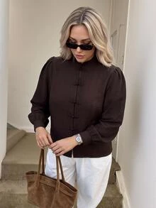 Easowa Curve Plus Solid Frog Button Front Blouse Autumn Brunch Formal Office Brown Casual Decent Decent Elegant Fall - Coffee Brown - View 1