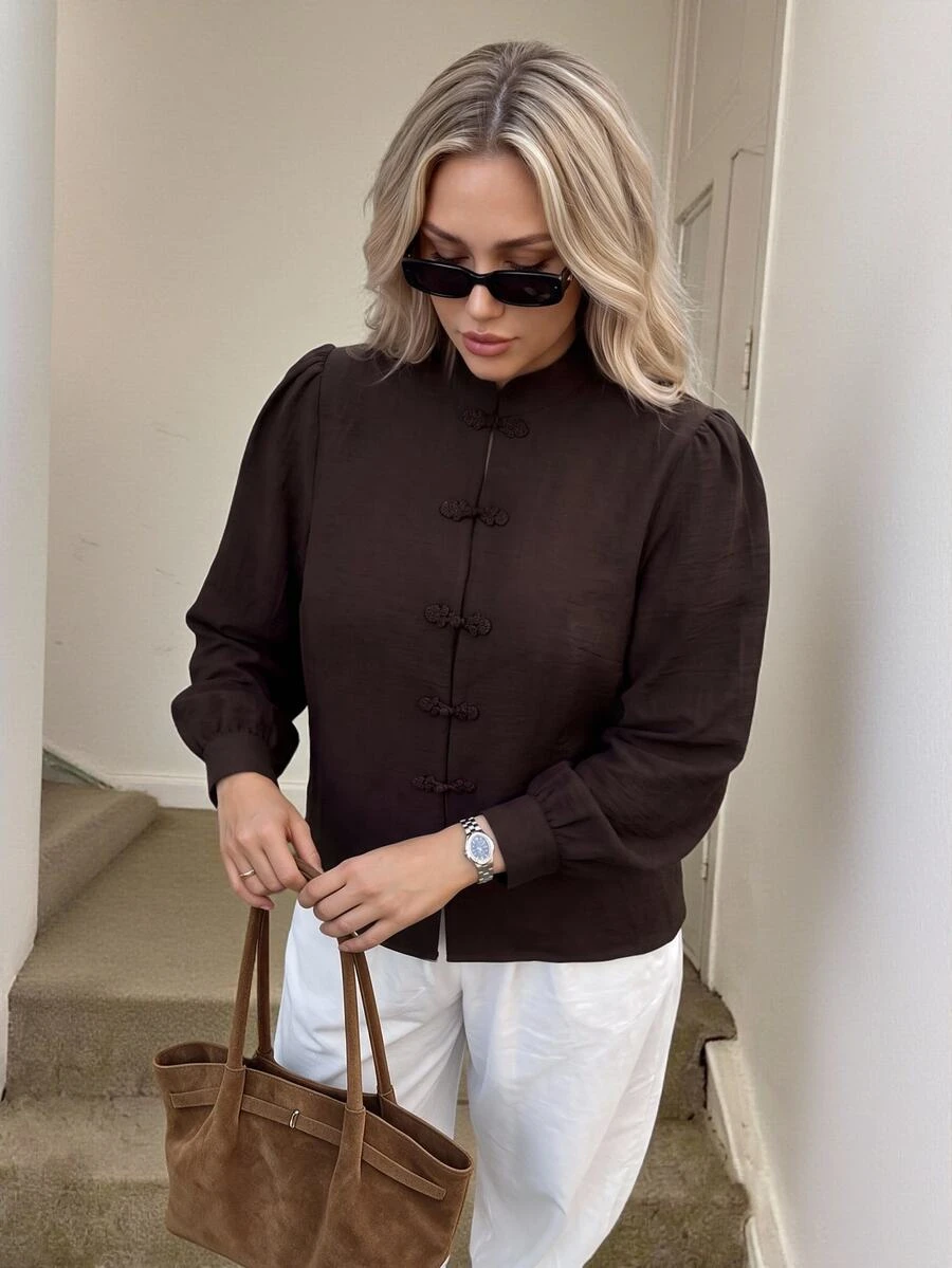 Easowa Curve Plus Solid Frog Button Front Blouse Autumn Brunch Formal Office Brown Casual Decent Decent Elegant Fall - Coffee Brown - View 1