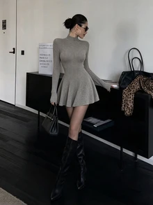 SHEIN Unity Fall Semi-High Neck Fleece Ribbed Knit Dress Women Long Sleeve Cinched Waist Flared Hem Elastic Short Inner Wear Casual Elegant Gray Brunch - Mocha Brown - View 6
