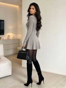 SHEIN Unity Fall Semi-High Neck Fleece Ribbed Knit Dress Women Long Sleeve Cinched Waist Flared Hem Elastic Short Inner Wear Casual Elegant Gray Brunch - Mocha Brown - View 2