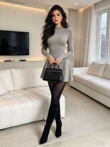 SHEIN Unity Fall Semi-High Neck Fleece Ribbed Knit Dress Women Long Sleeve Cinched Waist Flared Hem Elastic Short Inner Wear Casual Elegant Gray Brunch - Mocha Brown - View 5