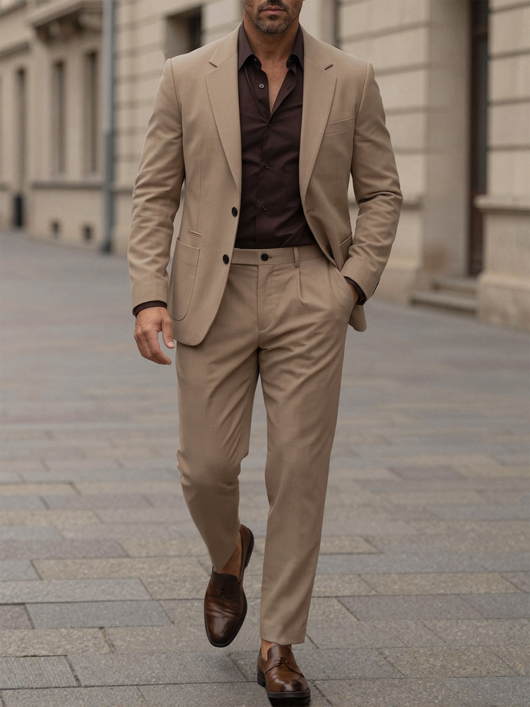 Manfinity Mode Men 2 Pieces Formal Suit, Solid Color Blazer And Pants Set, Business Casual Fall Wedding Office Suit Prom, Simple Fashion Daily Wear Gift, Khaki, Old Money - Brown - View 3