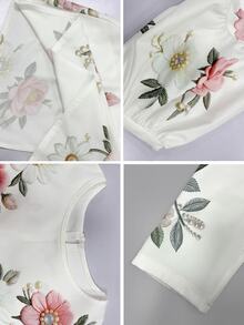 Selianne 女款白色花卉優雅夏季襯衫，落肩抽褶下擺上衣，適合茶會、情人節、復活節、生日、約會、派對、正式場合 - 白色 - 查看 6