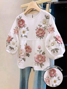 Selianne 女款白色花卉優雅夏季襯衫，落肩抽褶下擺上衣，適合茶會、情人節、復活節、生日、約會、派對、正式場合 - 白色 - 查看 3