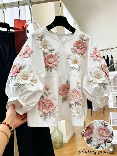 Selianne Women's White Floral Elegant Summer Blouse,Dropped Shoulder Ruched Hem Shirt For Tea Party,Valentine's Day,Easter,Birthday,Date,Party,Formal Occasion