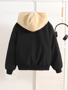 SHEIN 青少年女孩秋冬黑色刷毛夾克休閒度假大學風百搭日常穿著 - 黑色 - 查看 4