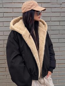 SHEIN 青少年女孩秋冬黑色刷毛夾克休閒度假大學風百搭日常穿著 - 黑色 - 查看 1