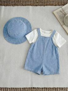 Toddler Boys' Bear Embroidered Blue Denim Bib Shorts - Light Wash - View 2