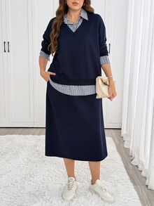 Easowa Curve Plus Size Women's Striped Shirt Collar 2 In 1 Sweatshirt And Skirt Casual Two Pieces Set - Navy Blue - View 4