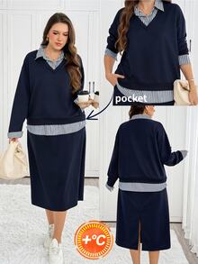 Easowa Curve Plus Size Women's Striped Shirt Collar 2 In 1 Sweatshirt And Skirt Casual Two Pieces Set - Navy Blue - View 7