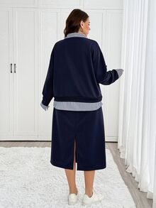 Easowa Curve Plus Size Women's Striped Shirt Collar 2 In 1 Sweatshirt And Skirt Casual Two Pieces Set - Navy Blue - View 8