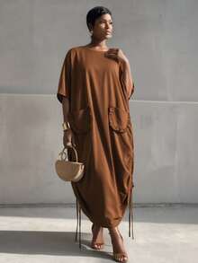 BamGlimmer European American Thanksgiving Style Batwing Sleeve Loose Long Dress Summer Round Neck Pleated Drawstring Hem Ruffle Pocket Maxi Light Brown Casual - Brown - View 4