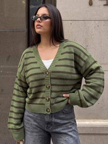 Comfortcana Plus Size Women's Single-Breasted V-Neck Long Sleeve Drop Shoulder Striped Knit Sweater Winter - Green - View 2