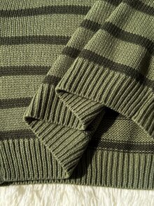 Comfortcana Plus Size Women's Single-Breasted V-Neck Long Sleeve Drop Shoulder Striped Knit Sweater Winter - Green - View 5