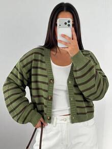 Comfortcana Plus Size Women's Single-Breasted V-Neck Long Sleeve Drop Shoulder Striped Knit Sweater Winter - Green - View 7