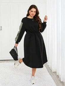 Easowa Curve Plus Size Minimalist Pleated Colorblock Dress - Black - View 3