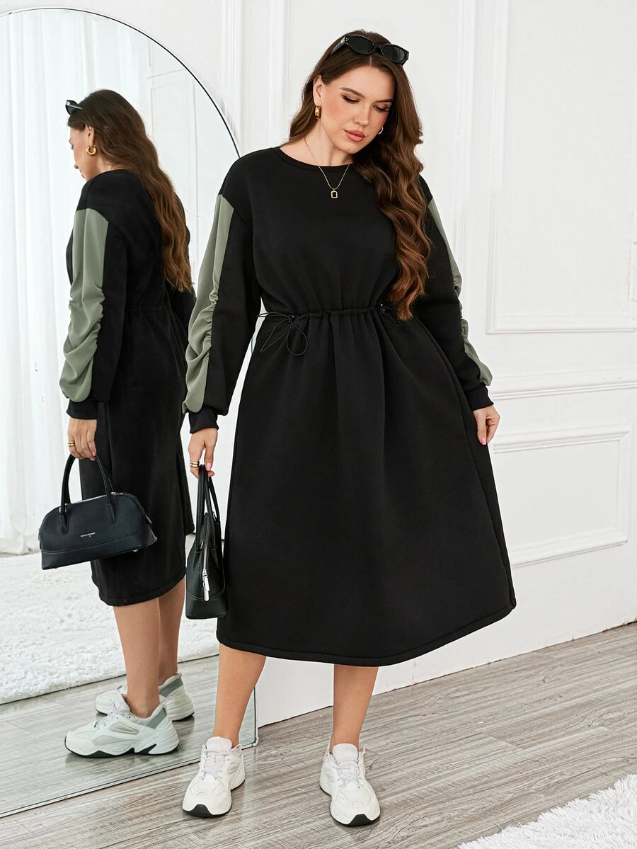 Easowa Curve Plus Size Minimalist Pleated Colorblock Dress - Black - View 1