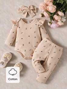 Souflis Souflis Baby Girl Newborn Plants Print Ruffle Trim Jumpsuit Beige Long Sleeve Cute Matching Ribbed Floral Pants Round Neck Geometric Headband Autumn Family - Apricot - View 1