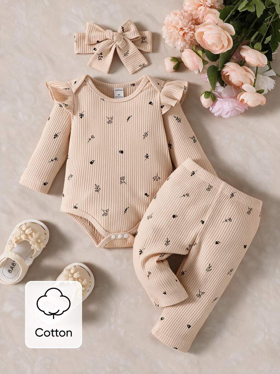 Souflis Souflis Baby Girl Newborn Plants Print Ruffle Trim Jumpsuit Beige Long Sleeve Cute Matching Ribbed Floral Pants Round Neck Geometric Headband Autumn Family - Apricot - View 1