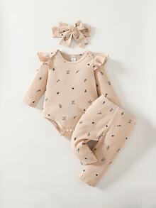 Souflis Souflis Baby Girl Newborn Plants Print Ruffle Trim Jumpsuit Beige Long Sleeve Cute Matching Ribbed Floral Pants Round Neck Geometric Headband Autumn Family - Apricot - View 9