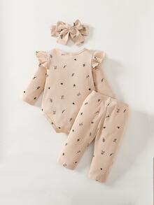 Souflis Souflis Baby Girl Newborn Plants Print Ruffle Trim Jumpsuit Beige Long Sleeve Cute Matching Ribbed Floral Pants Round Neck Geometric Headband Autumn Family - Apricot - View 2