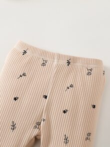 Souflis Souflis Baby Girl Newborn Plants Print Ruffle Trim Jumpsuit Beige Long Sleeve Cute Matching Ribbed Floral Pants Round Neck Geometric Headband Autumn Family - Apricot - View 8
