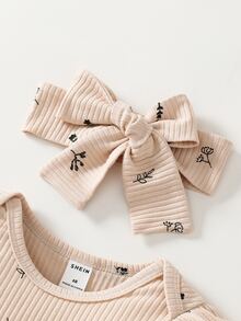 Souflis Souflis Baby Girl Newborn Plants Print Ruffle Trim Jumpsuit Beige Long Sleeve Cute Matching Ribbed Floral Pants Round Neck Geometric Headband Autumn Family - Apricot - View 5
