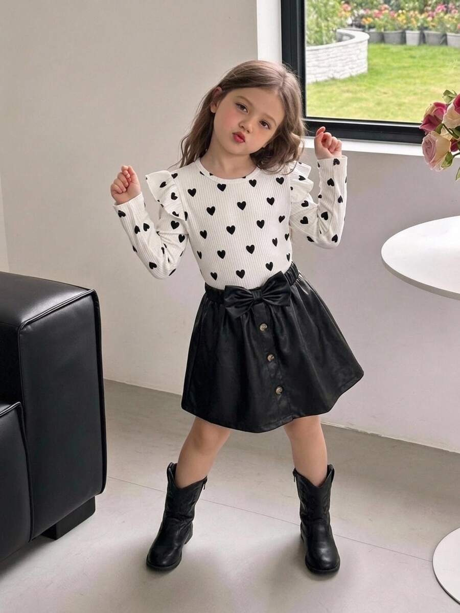 SHEIN 青少年女孩童裝秋冬高領愛心人造皮革簡約時尚休閒日常長袖裙套裝