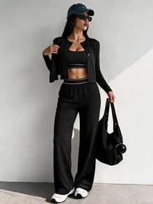 Dewbera Dewbera Short Camisole Loose Jacket Straight Leg Pants Casual 3 Pieces Set - Black - View 1