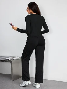 Dewbera Dewbera Short Camisole Loose Jacket Straight Leg Pants Casual 3 Pieces Set - Black - View 2