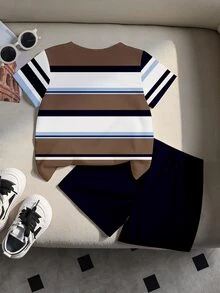 SHEIN American Collegiate Style Boys 2 Pieces Set, Classic Pony Logo Navy White Red Striped Crew Neck Short Sleeve T-Shirt Summer - Multicolor - View 2