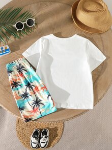 SHEIN 2件組小男孩休閒印花短袖圓領T恤與短褲套裝，適合日常休閒、度假、夏季，白色粉色 - 白色 - 查看 7