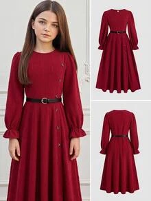 SHEIN 青少年女孩秋冬保暖內裡加厚休閒羅紋抓絨極簡聖誕長洋裝 - 紅色 - 查看 2