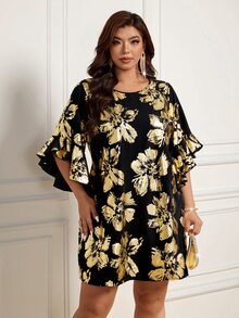 Femmeverse Plus Size Women Loose Round Neck Petal Sleeve Foil Print Dress - Multicolor - View 7