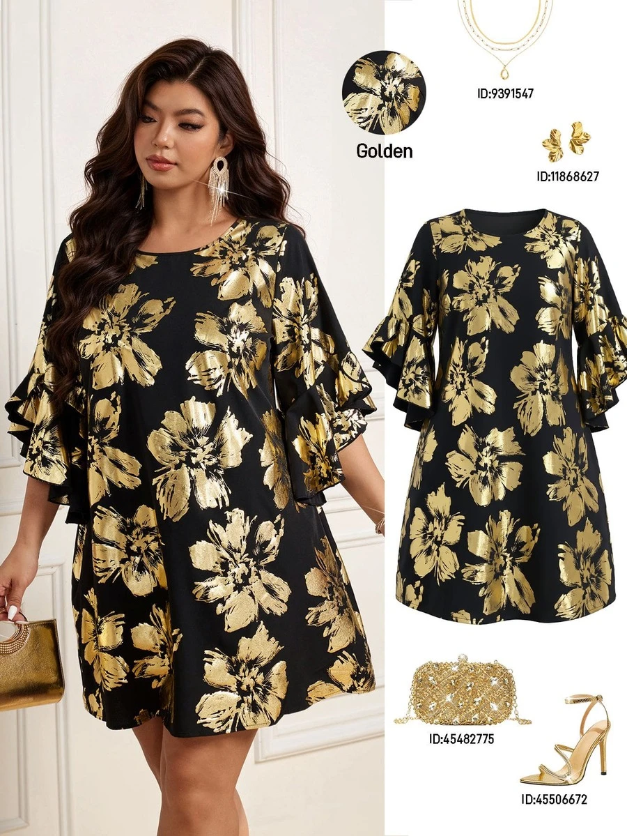 Femmeverse Plus Size Women Loose Round Neck Petal Sleeve Foil Print Dress - Multicolor - View 1
