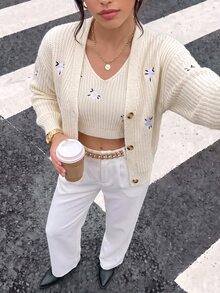 valorelle valorelle Floral Embroidery Cardigan & Knit Top Fall Winter Cloth For Women - Apricot - View 5