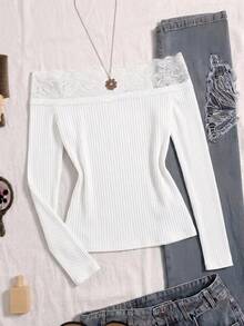 SHEIN Tween Girl Autumn/Winter Ribbed Lace Patchwork Off-Shoulder T-Shirt - White - View 2