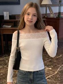 SHEIN Tween Girl Autumn/Winter Ribbed Lace Patchwork Off-Shoulder T-Shirt - White - View 6