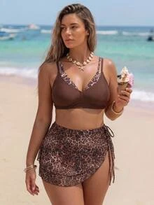 Slaydiva Plus Size Women's Summer Beach Leopard Print 2 In 1 Bikini Set With Triangle Bottoms And Mini Skirt - Multicolor - View 9
