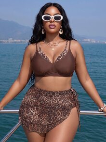 Slaydiva Plus Size Women's Summer Beach Leopard Print 2 In 1 Bikini Set With Triangle Bottoms And Mini Skirt - Multicolor - View 4