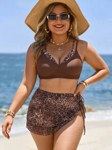 Slaydiva Plus Size Women's Summer Beach Leopard Print 2 In 1 Bikini Set With Triangle Bottoms And Mini Skirt - Multicolor - View 11
