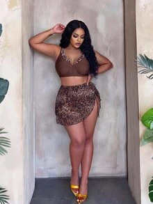 Slaydiva Plus Size Women's Summer Beach Leopard Print 2 In 1 Bikini Set With Triangle Bottoms And Mini Skirt - Multicolor - View 7
