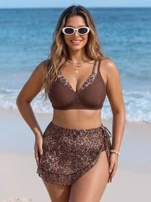 Slaydiva Plus Size Women's Summer Beach Leopard Print 2 In 1 Bikini Set With Triangle Bottoms And Mini Skirt - Multicolor - View 12