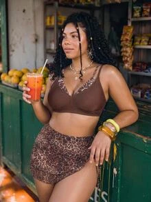 Slaydiva Plus Size Women's Summer Beach Leopard Print 2 In 1 Bikini Set With Triangle Bottoms And Mini Skirt - Multicolor - View 10
